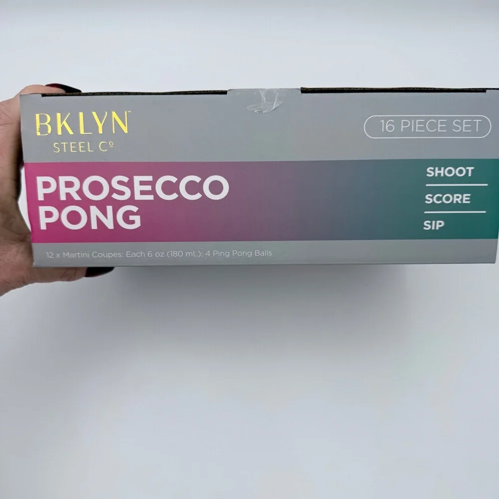 BKLYN Steel Co Prosecco Pong Set‎ 16pc Coupe Glass Party Game NEW